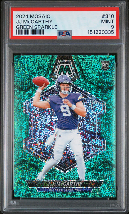 JJ McCarthy 2024 Panini Mosaic Rookie #310 Green Sparkle #8/8 PSA 9 Mint