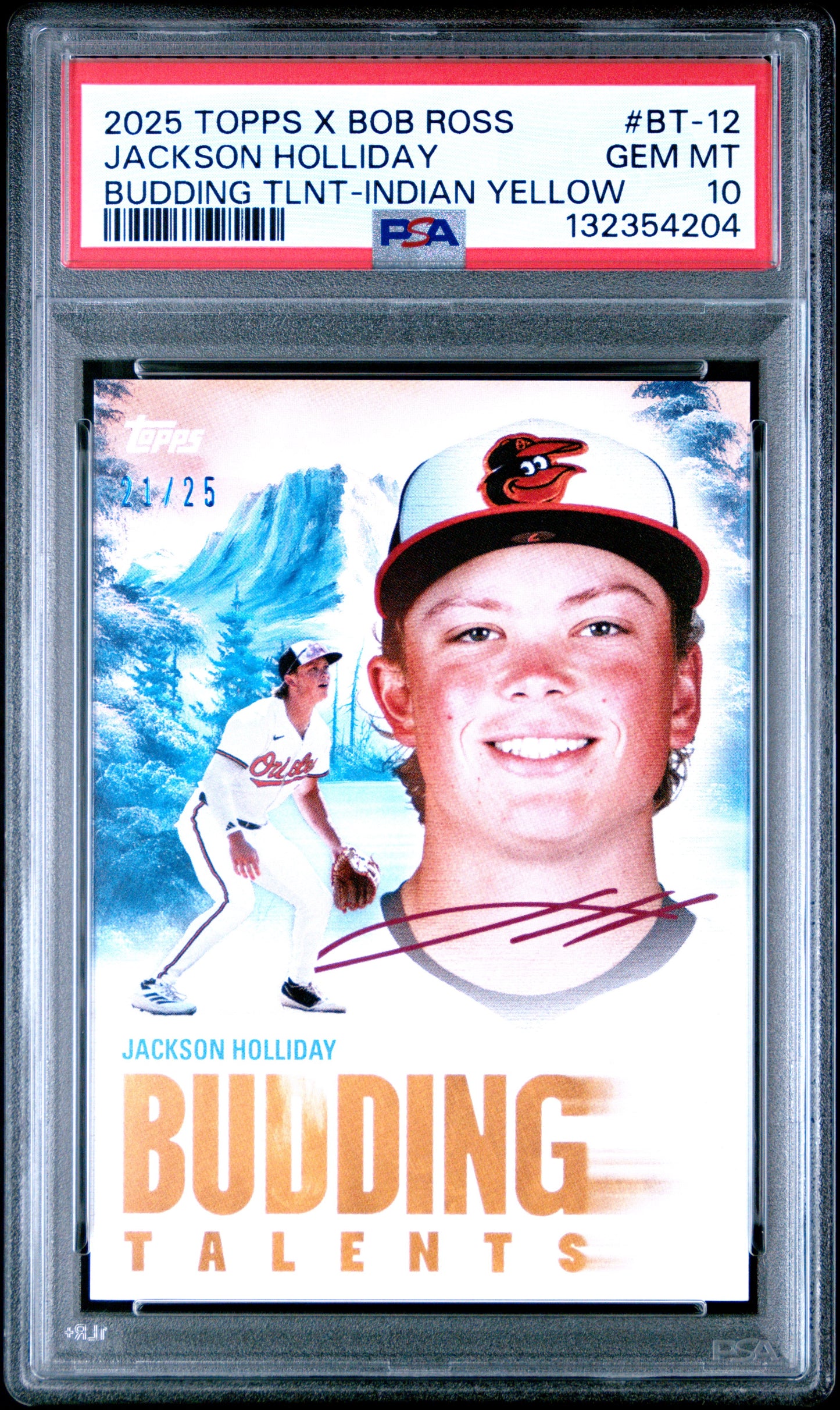 Jackson Holliday 2025 Topps Bob Ross Budding Talents Indian Yellow #21/25 PSA 10 Gem Mint