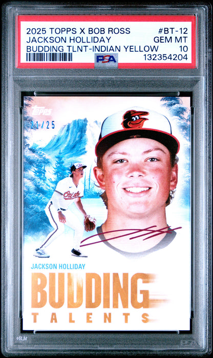 Jackson Holliday 2025 Topps Bob Ross Budding Talents Indian Yellow #21/25 PSA 10 Gem Mint