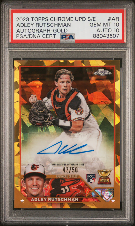Adley Rutschman 2023 Topps Chrome Update Sapphire Gold Refractor Auto #42/50 PSA 10 Auto 10