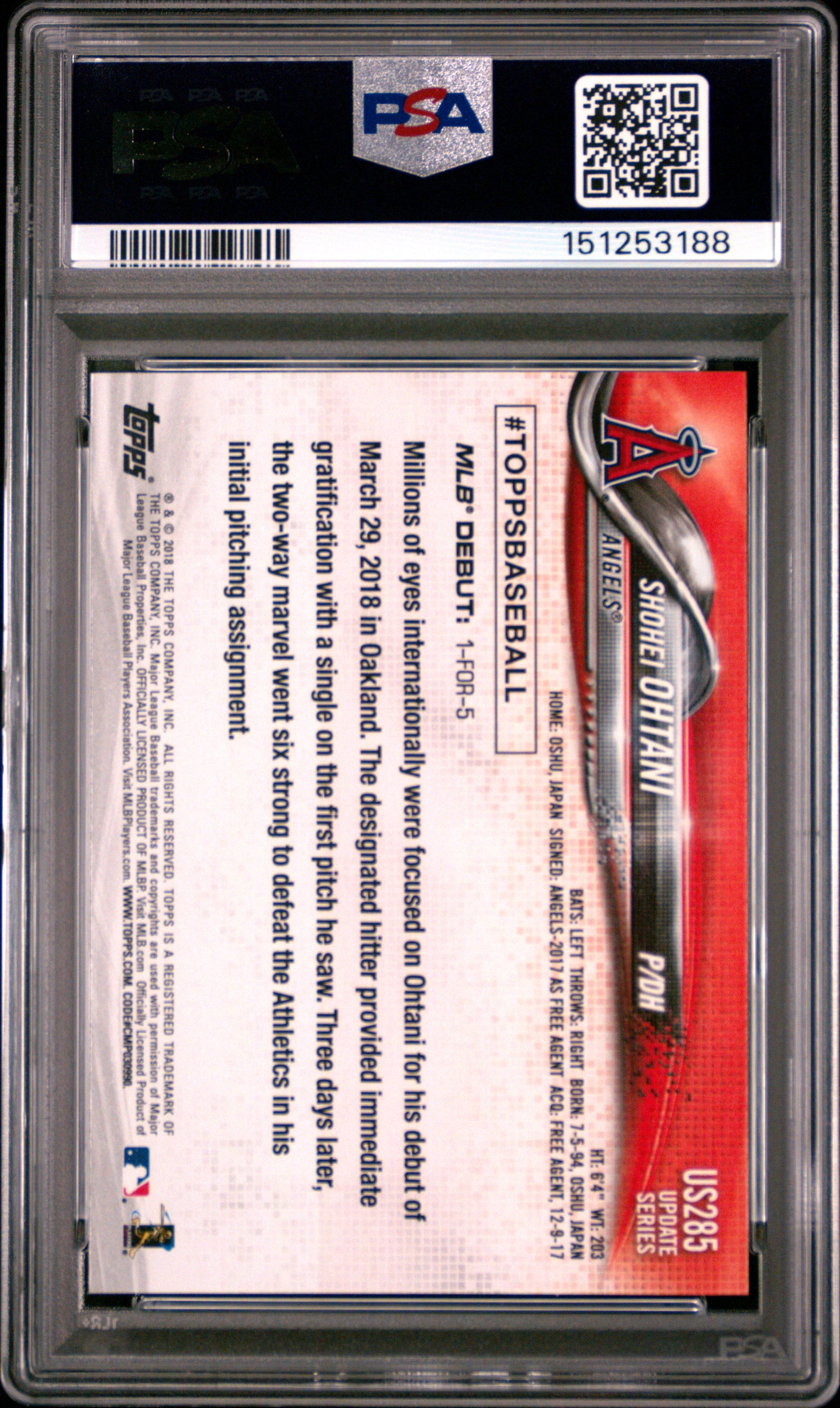 Shohei Ohtani 2018 Topps Update Rookie #US285 PSA 10 Gem Mint