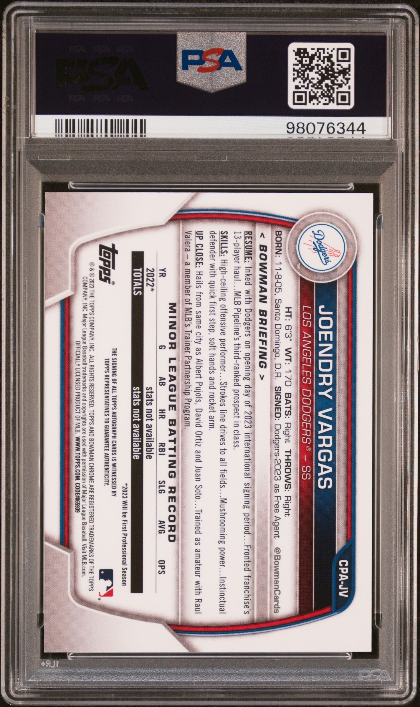 Joendry Vargas 2023 Bowman Chrome Draft Orange Refractor Auto #22/25 PSA 9 Mint