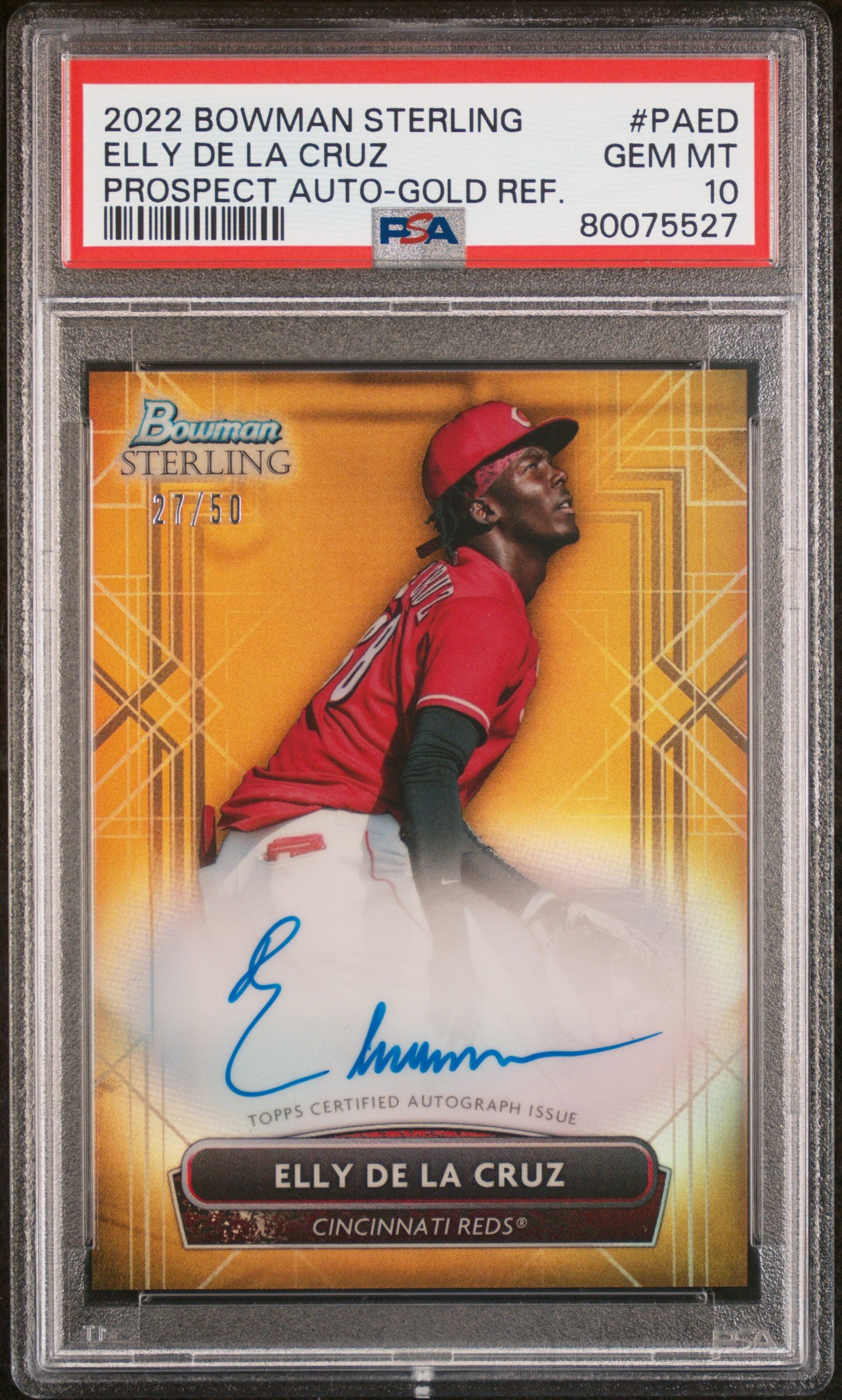 Elly de la Cruz 2022 Bowman Sterling Gold Refractor Auto #27/50 PSA 10 Gem Mint
