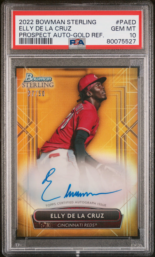 Elly de la Cruz 2022 Bowman Sterling Gold Refractor Auto #27/50 PSA 10 Gem Mint