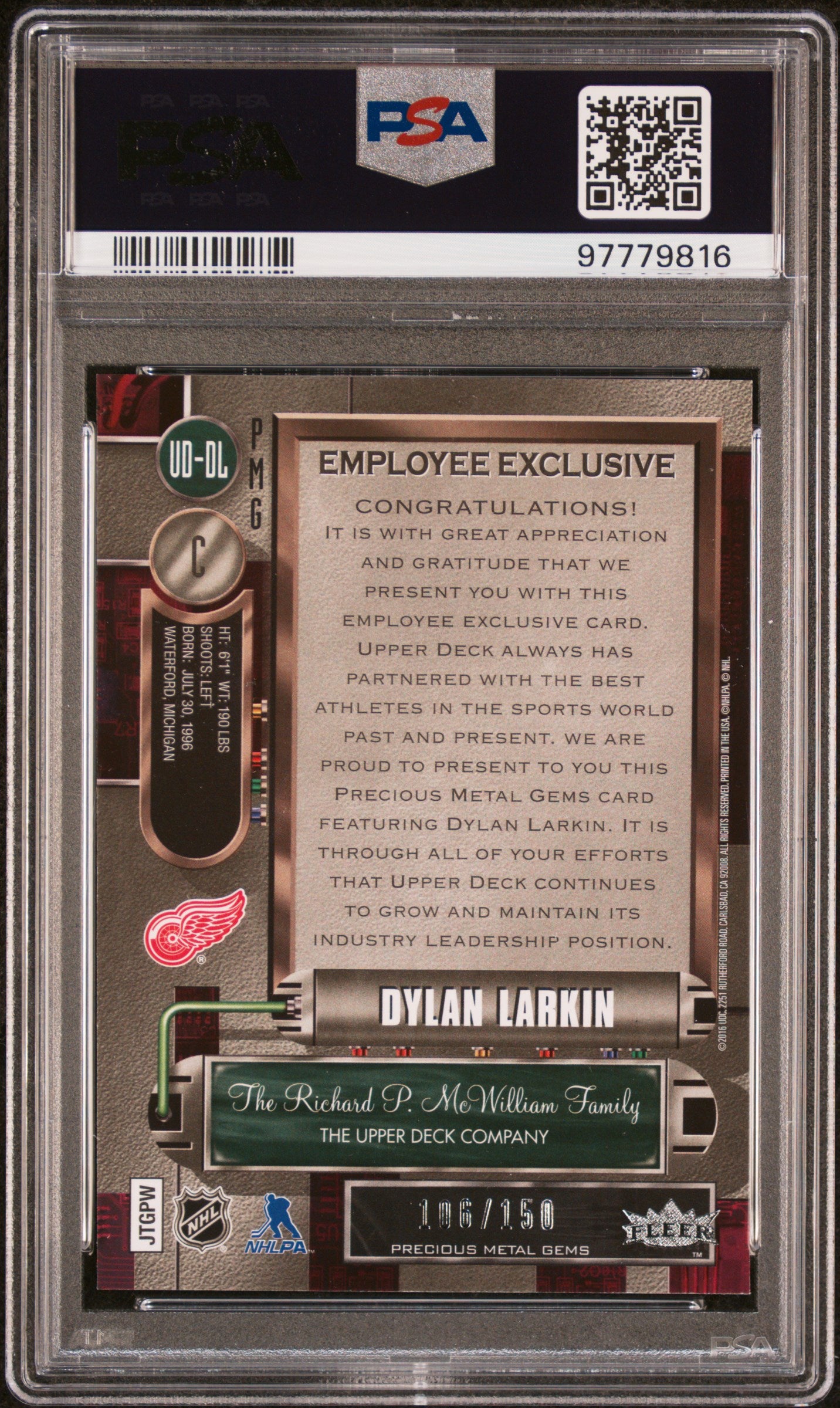 Dylan Larkin 2015 Upper Deck Employee Precious Metal Gems Purple #106/175 PSA 9 Mint