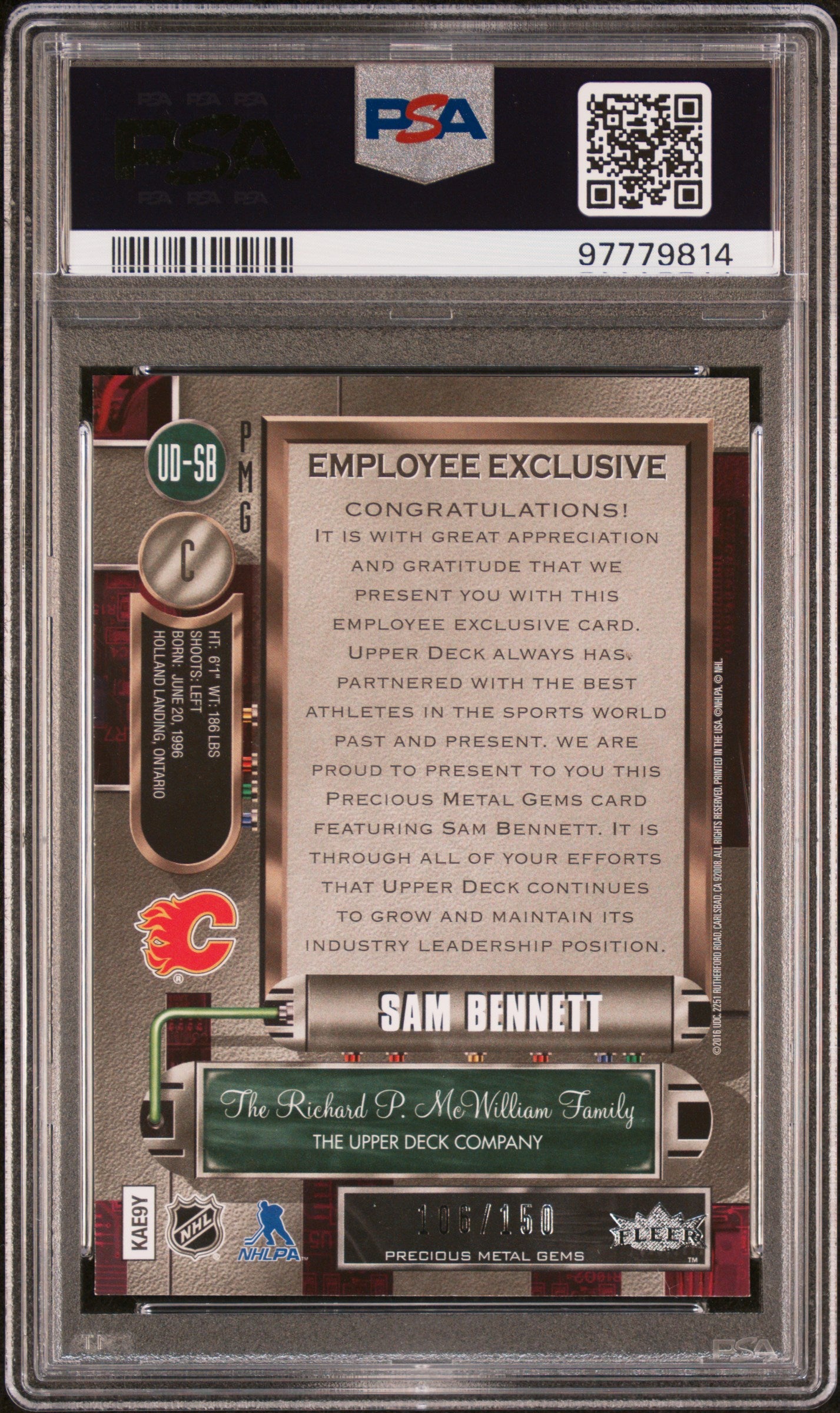 Sam Bennett 2015 Upper Deck Employee Precious Metal Gems Purple #106/175 PSA 8 Nm-Mint