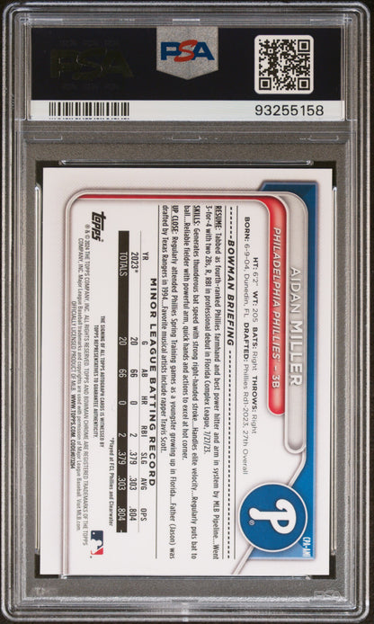 Aidan Miller 2024 Bowman Chrome Autograph PSA 10 Gem Mint