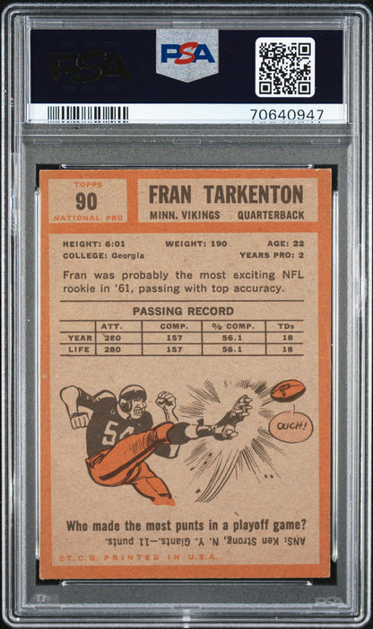 Fran Tarkenton 1962 Topps Rookie #90 PSA 3 Very Good