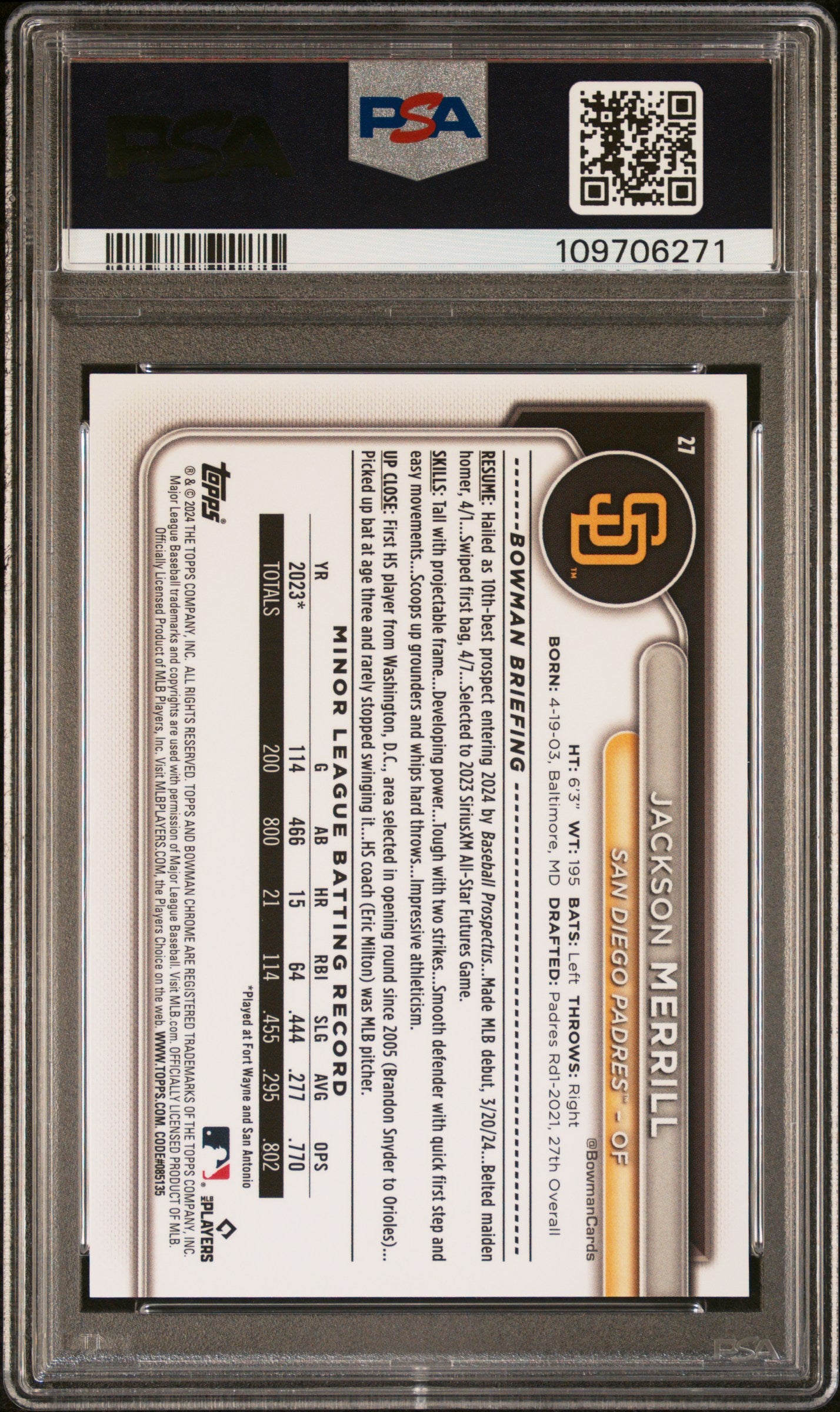 Jackson Merrill 2024 Bowman Chrome Sapphire Image Variation PSA 10 Gem Mint