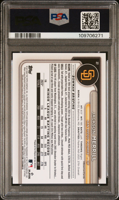 Jackson Merrill 2024 Bowman Chrome Sapphire Image Variation PSA 10 Gem Mint