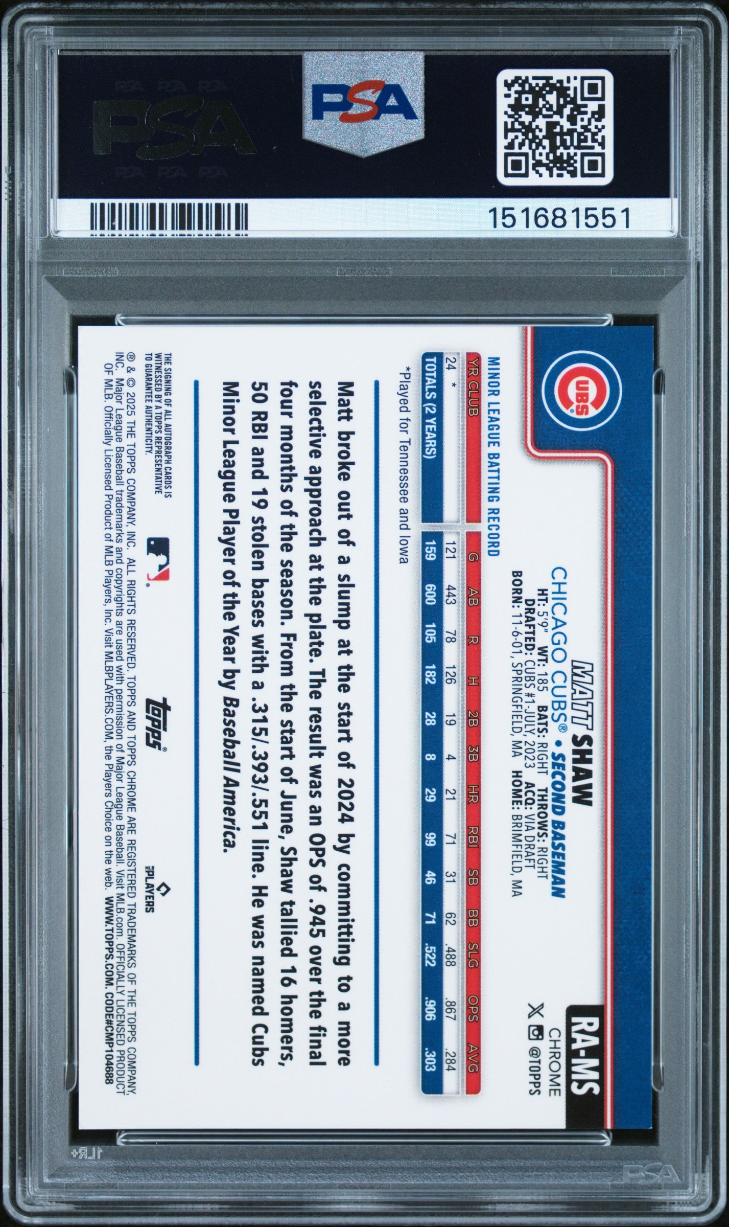 Matt Shaw 2025 Topps Chrome Sapphire Black Rookie Auto #9/10 PSA 9 Mint