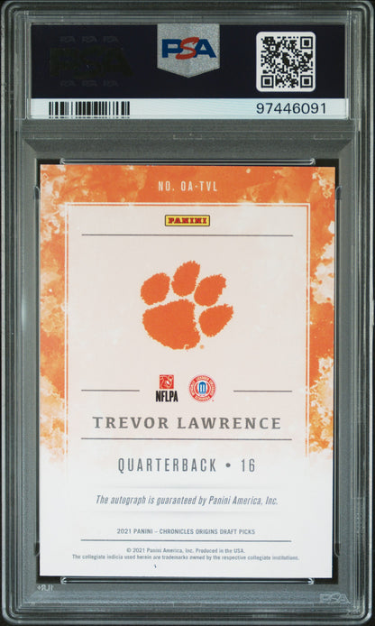 Trevor Lawrence 2021 Panini Chronicles Draft Red Auto #18/25 PSA 8 Auto 10