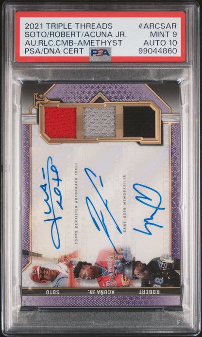 Juan Soto + Luis Robert + Roanld Acuna Jr. 2021 Topps Triple Threads Jersey Auto #4/27 PSA 9 Auto 10