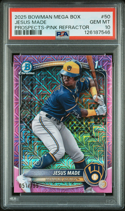 Jesus Made 2025 Bowman Mega Box Pink Refractor #51/199 PSA 10 Gem Mint