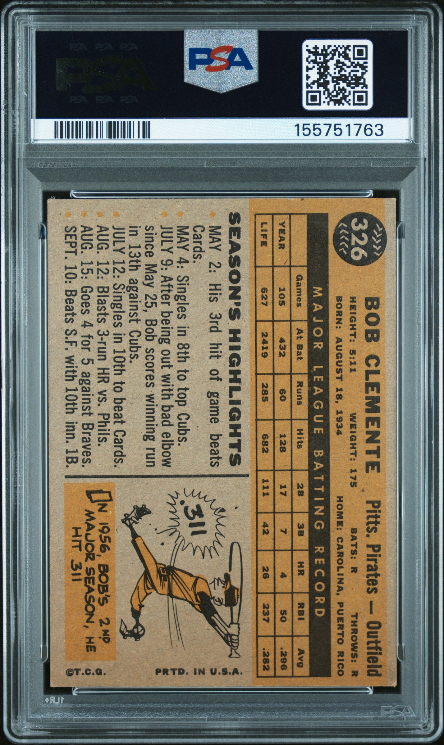 Bob Clemente 1960 Topps #326 PSA 5 Ex 1763