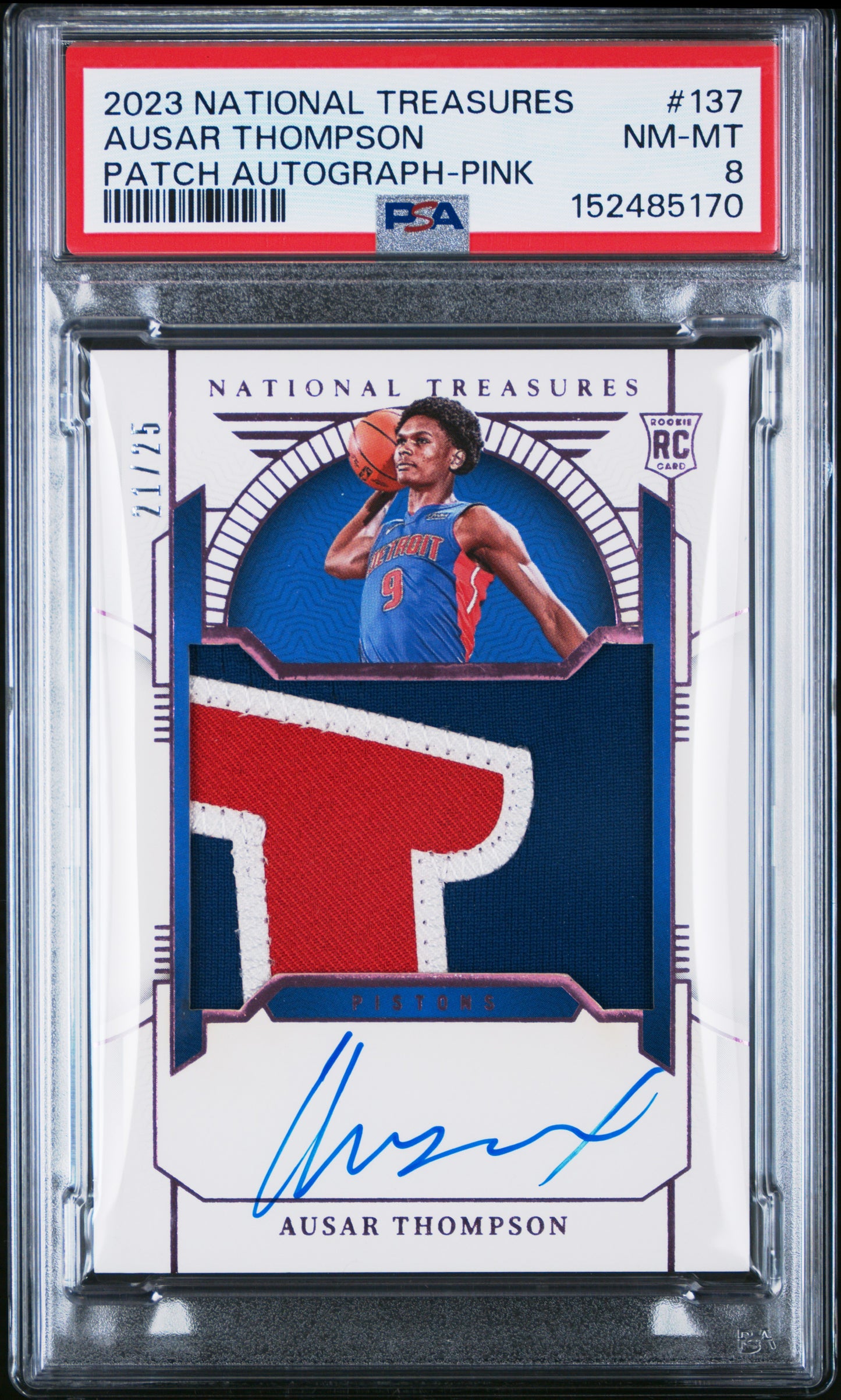 Ausar Thompson 2023 National Treasures Pink Rookie Patch Auto #21/25 PSA 8 Nm-Mint