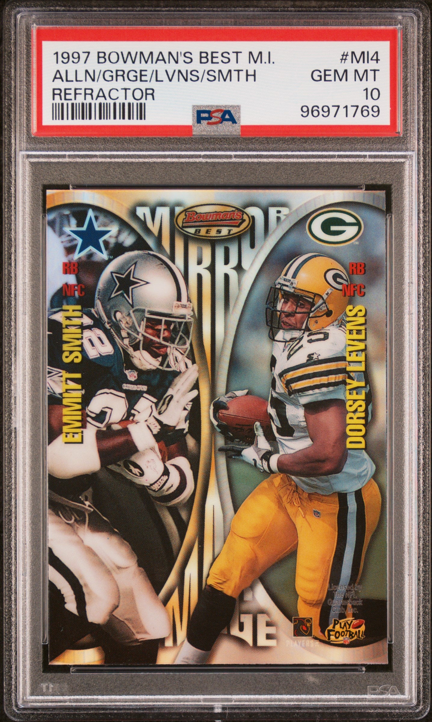 Emmitt Smith + Levens + Allen + Geroge 1997 Bowmans Best Mirror Image Refractor PSA 10 Gem Mint