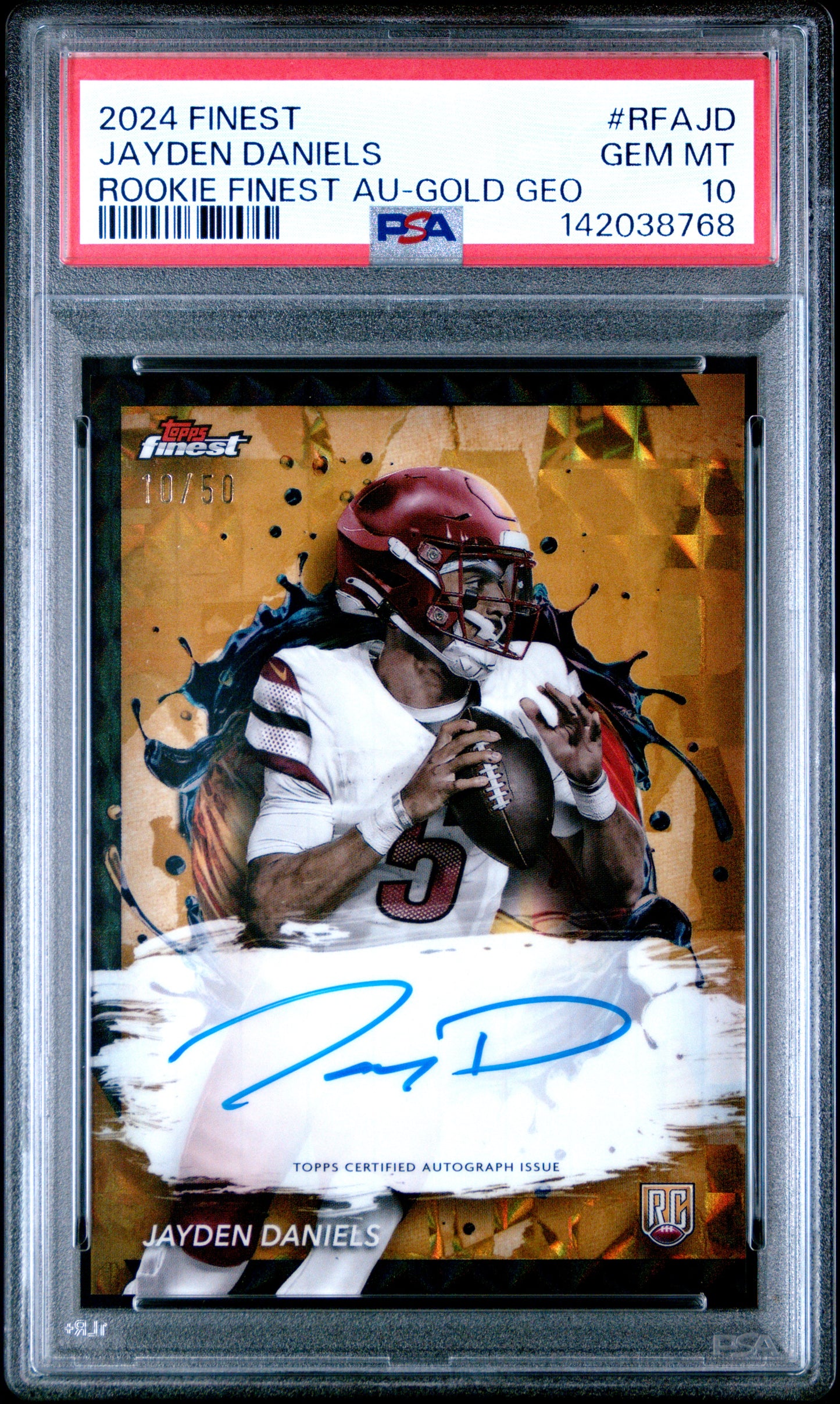 Jayden Daniels 2024 Topps Finest Gold Refractor Geometric Auto #10/50 PSA 10 Gem Mint
