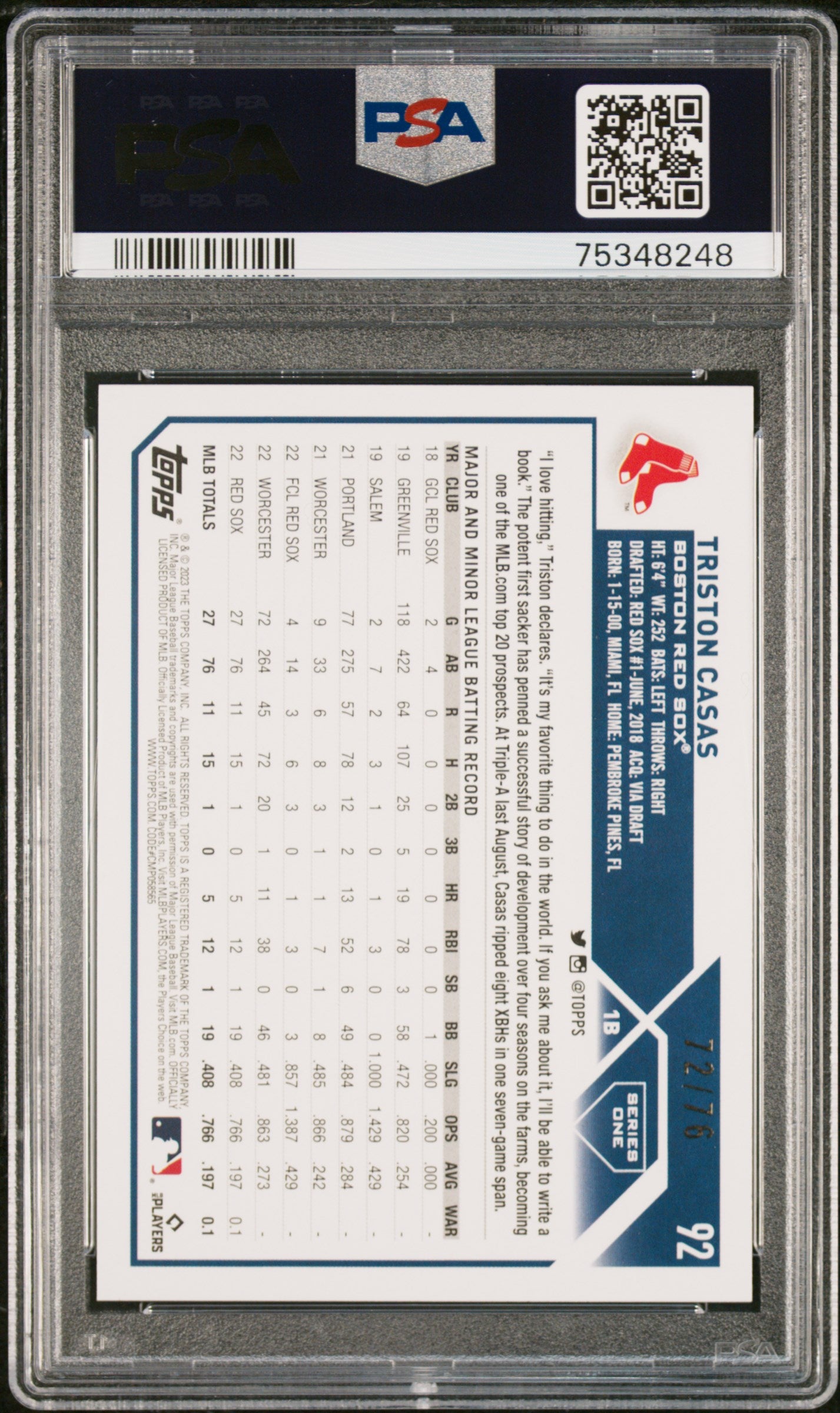 Triston Casas 2023 Topps Rookie #92 Independence Day #72/76 PSA 10 Gem Mint