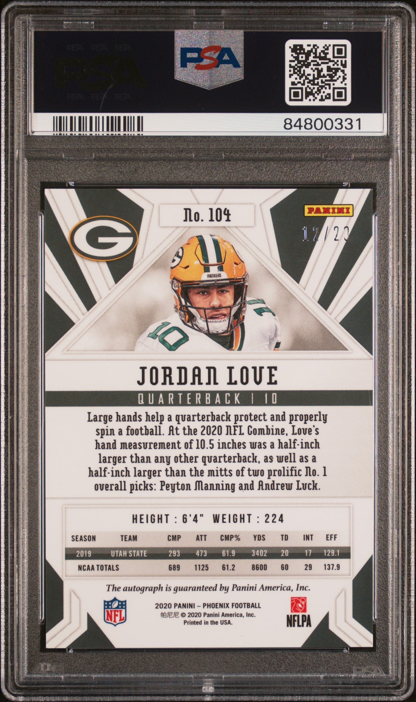 Jordan Love 2024 Panini Phoenix Rookie Auto Orange #12/20 PSA 10 Gem Mint