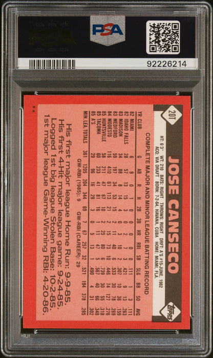 Jose Canseco 1986 Topps Traded Rookie #20T PSA 10 Gem Mint