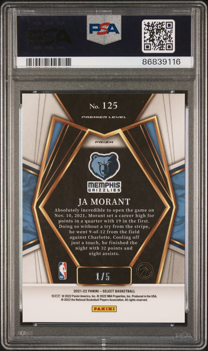 Ja Morant 2021 Panini Select #125 Green Disco #1/5 PSA 10 Gem Mint