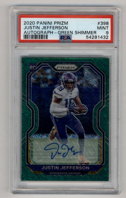 Justin Jefferson 2020 Prizm Green Shimmer Auto 4/5 PSA 9 Mint
