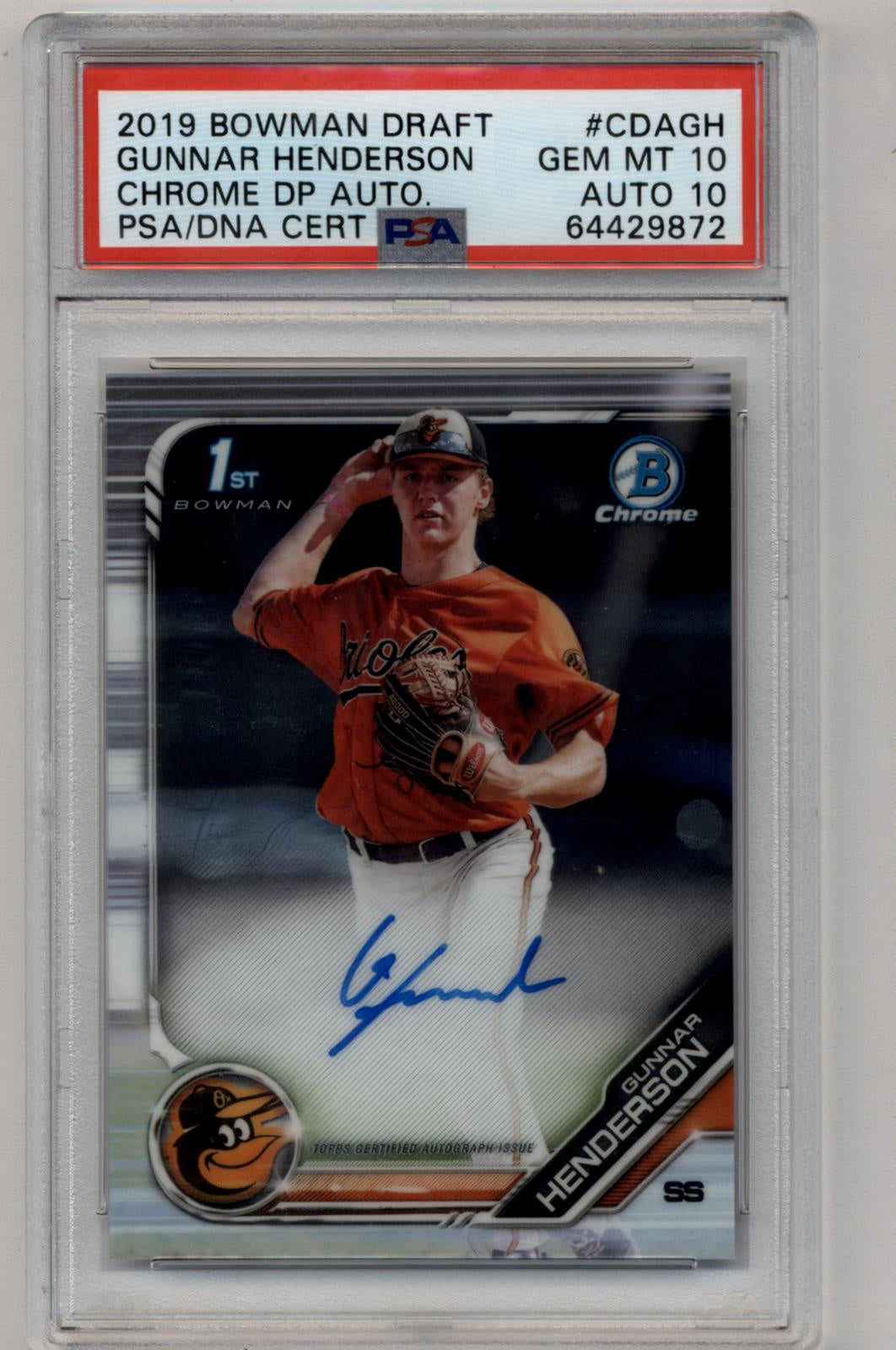 Gunnar Henderson 2019 Bowman Chrome Draft Picks Auto PSA 10 Gem Mint Auto 10 9872