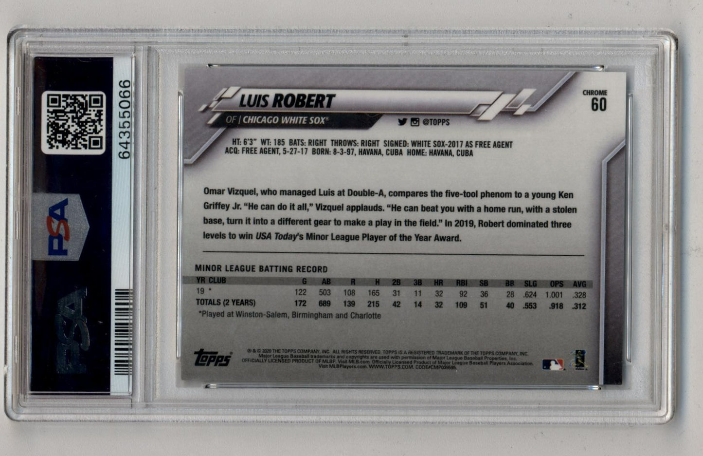 Luis Robert 2020 Topps Chrome Negative Refractor #60 PSA 10 Gem Mint