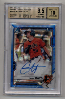 Coby Mayo 2021 Bowman Chrome Prospect Sapphire Auto BGS 9.5 Gem Mint Auto 10