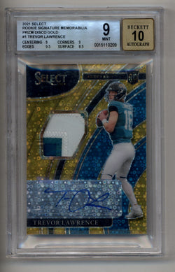 Trevor Lawrence 2021 Select Rookie Signature Memorabilia Prizm Disco Gold 08/10 BGS 9 Mint Auto 10