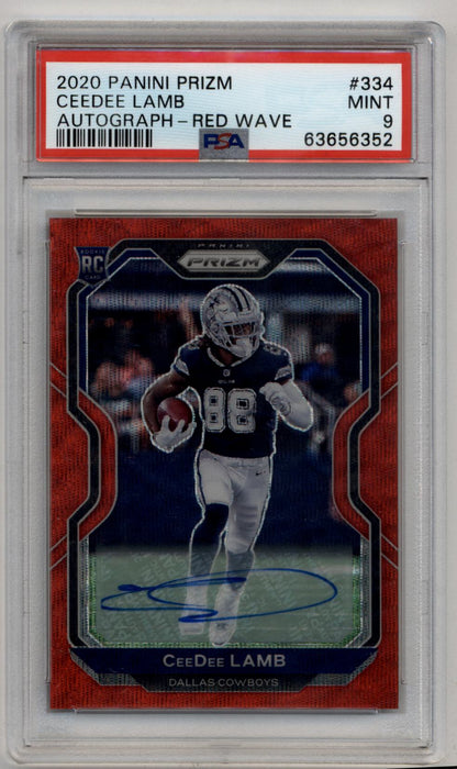 CeeDee Lamb 2020 Prizm Red Wave 145/149 #334 Auto PSA 9 Mint