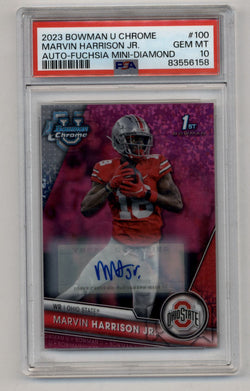 Marvin Harrison Jr 2023 Bowman University Chrome Auto Fuchsia Mini Diamond 062/150 PSA 10 Gem Mint