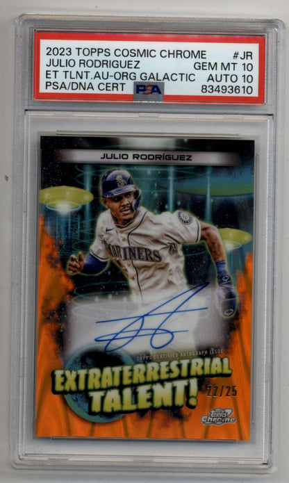 Julio Rodriguez 2023 Topps Cosmic Chrome Extraterrestrial Talent Auto Orange 22/25 PSA 10 Gem Mint Auto 10