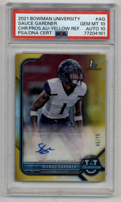 Ahmad "Sauce" Gardner 2021 Bowman Chrome University Yellow Refractor Auto 45/75 PSA 10 Gem Mint Auto 10