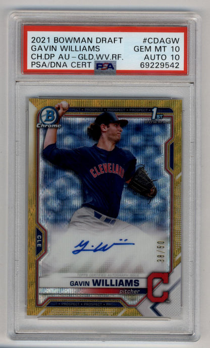 Gavin Williams 2021 Bowman Chrome Draft Auto Gold Wave Refractor 38/50 PSA 10 Auto 10