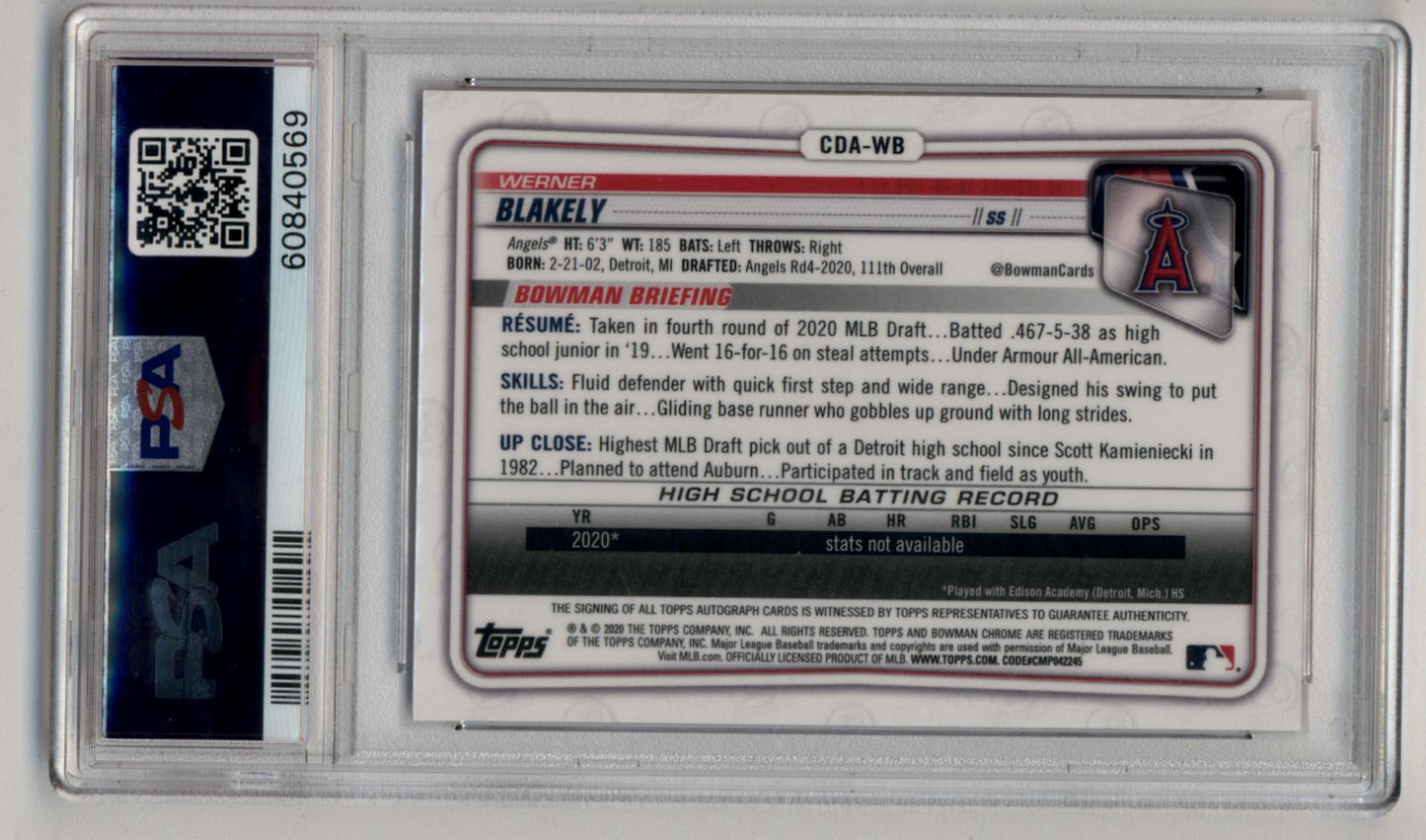 Werner Blakely 2020 Bowman Chrome Draft Auto Orange Refractors 06/25
